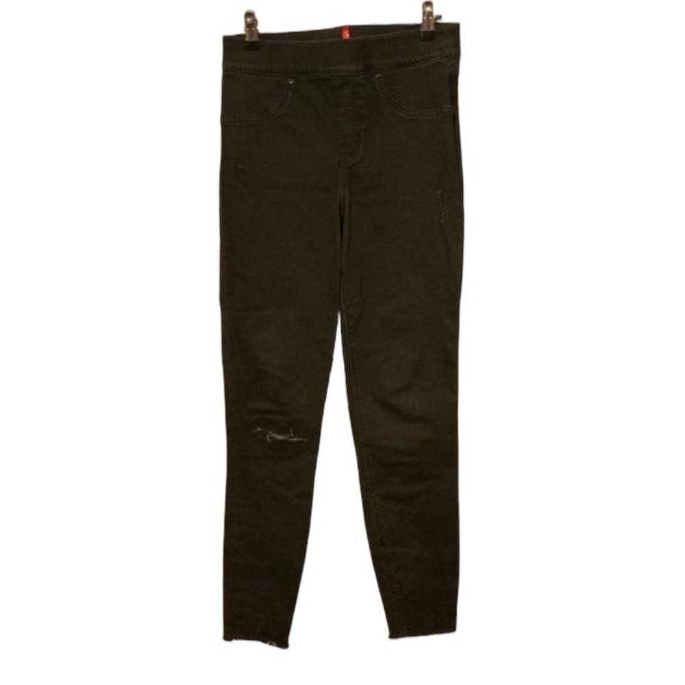 SPANX pull on black hi rise denim jeans comfort waist small raw hem distressed